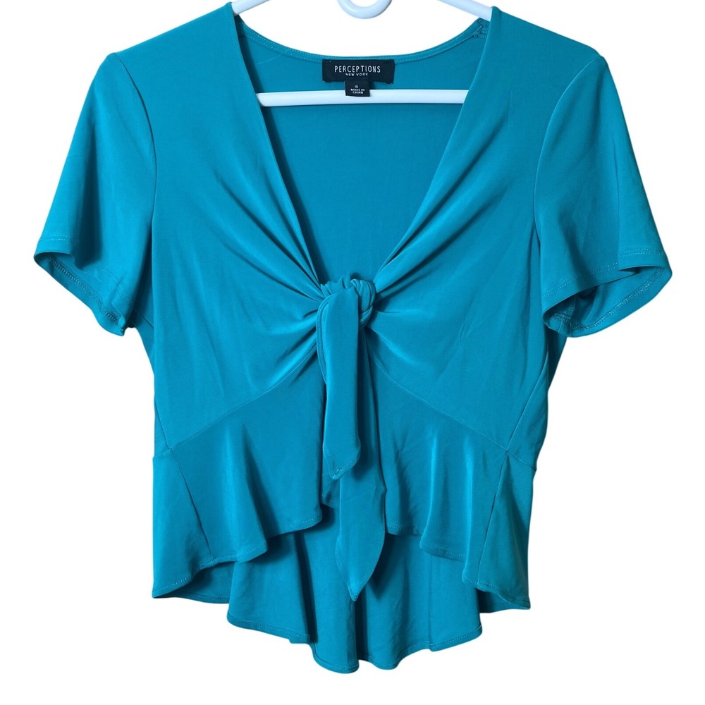 Perceptions New York Teal Tie Front Peplum Top Size S Y2K Coquette Aesthetic